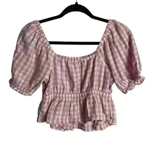 American Eagle Size Xs Wrap Babydoll Blouse Checkered Pink Cottage Linen Peasant - Picture 7 of 8
